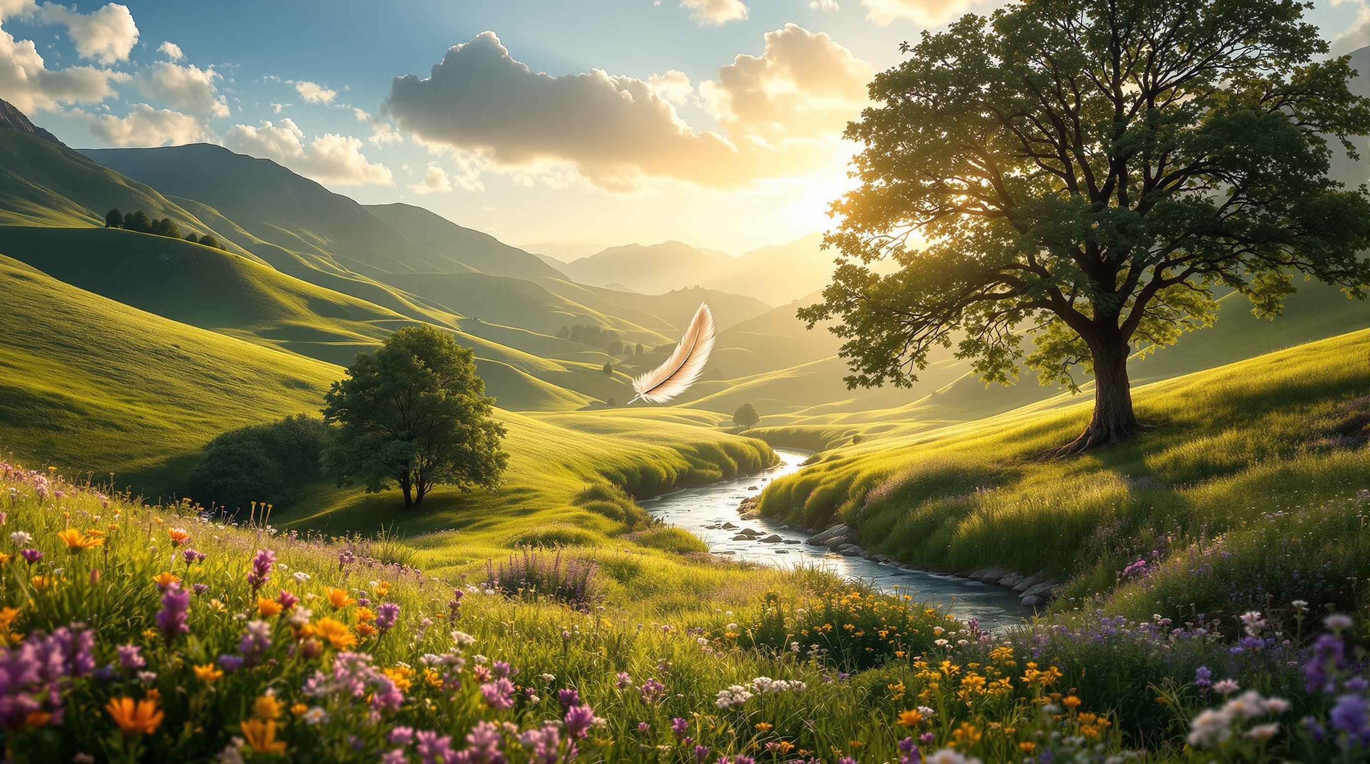 Serene valley landscape at golden hour with a floating feather